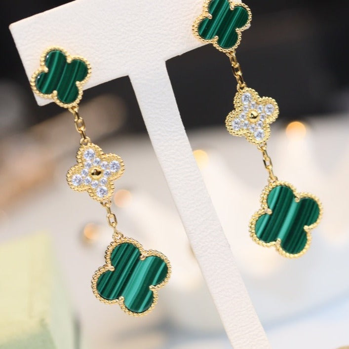 [CA]CLOVER EARRINGS GOLD MALACHITE DIAMOND 3 MOTIF