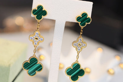 [CA]CLOVER EARRINGS GOLD MALACHITE DIAMOND 3 MOTIF