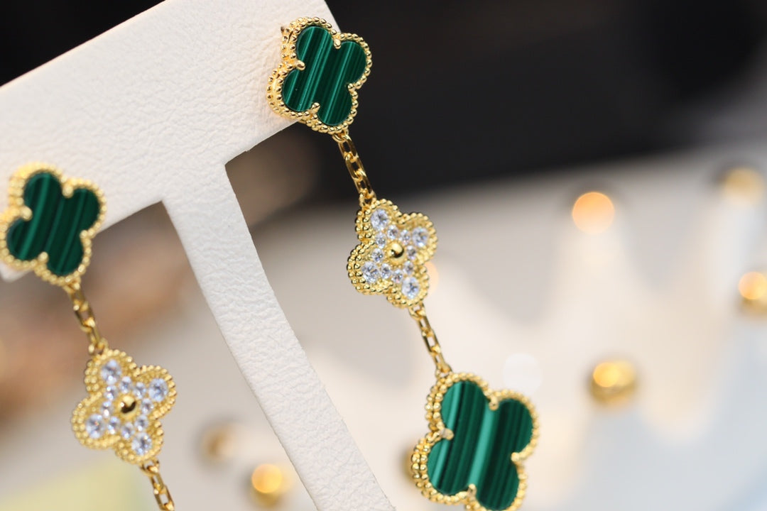 [CA]CLOVER EARRINGS GOLD MALACHITE DIAMOND 3 MOTIF