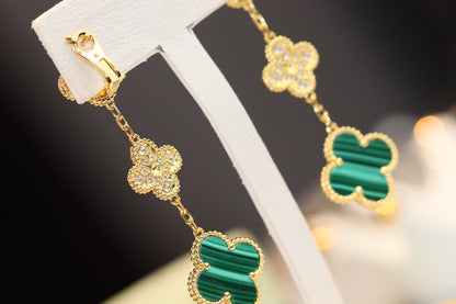 [CA]CLOVER EARRINGS GOLD MALACHITE DIAMOND 3 MOTIF