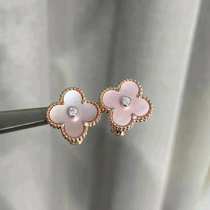 [CA]CLOVER MEDIUM 1 MOTIFS  PINK MOP DIAMOND EARRINGS