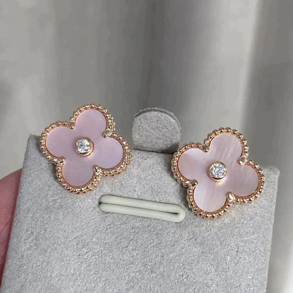 [CA]CLOVER MEDIUM 1 MOTIFS  PINK MOP DIAMOND EARRINGS