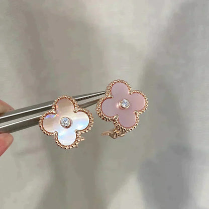 [CA]CLOVER MEDIUM 1 MOTIFS  PINK MOP DIAMOND EARRINGS