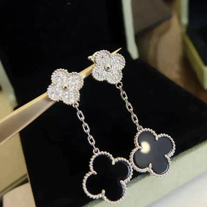 [CA]CLOVER 2 MOTIFS  DIAMOND ONYX EARRINGS SILVER