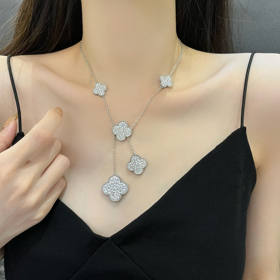 [CA]CLOVER 5 MOTIFS SILVER DIAMONDS NECKLACE