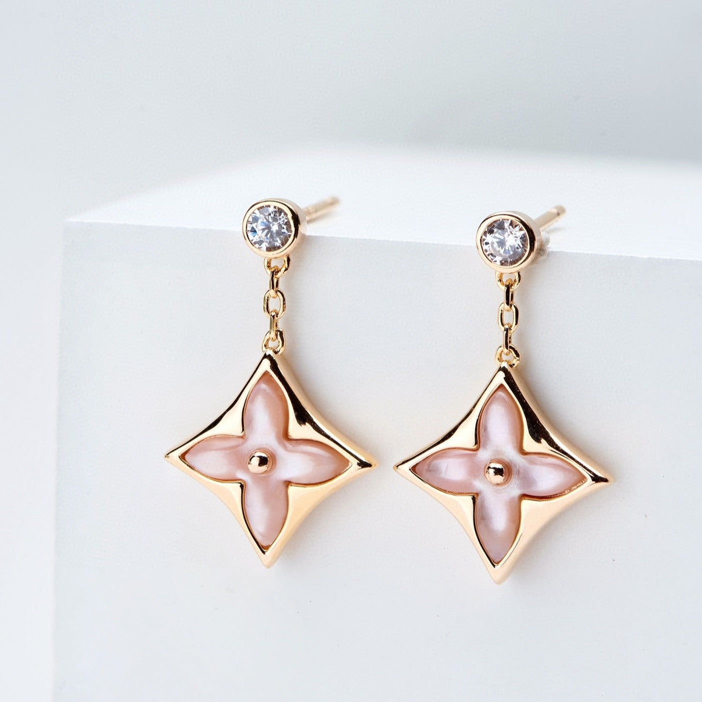 [CA]DOUBLE STAR PINK GOLD MOP DROP EARRINGS