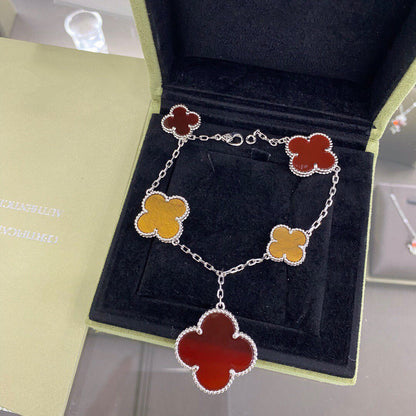 [CA]CLOVER 5 MOTIFS SIVLER CARNELIAN TIGER EYE BRACELET