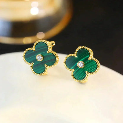 [CA]CLOVER MEDIUM 1 MOTIFS MALACHITE DIAMOND EARRINGS