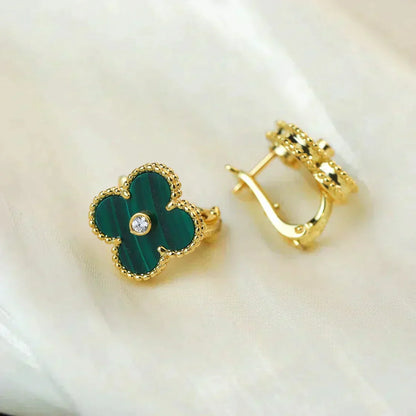 [CA]CLOVER MEDIUM 1 MOTIFS MALACHITE DIAMOND EARRINGS