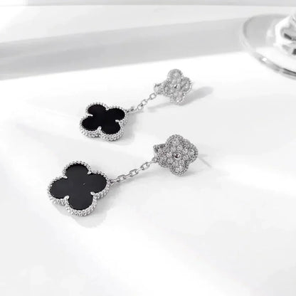 [CA]CLOVER 2 MOTIFS  DIAMOND ONYX EARRINGS SILVER