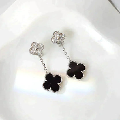 [CA]CLOVER 2 MOTIFS  DIAMOND ONYX EARRINGS SILVER