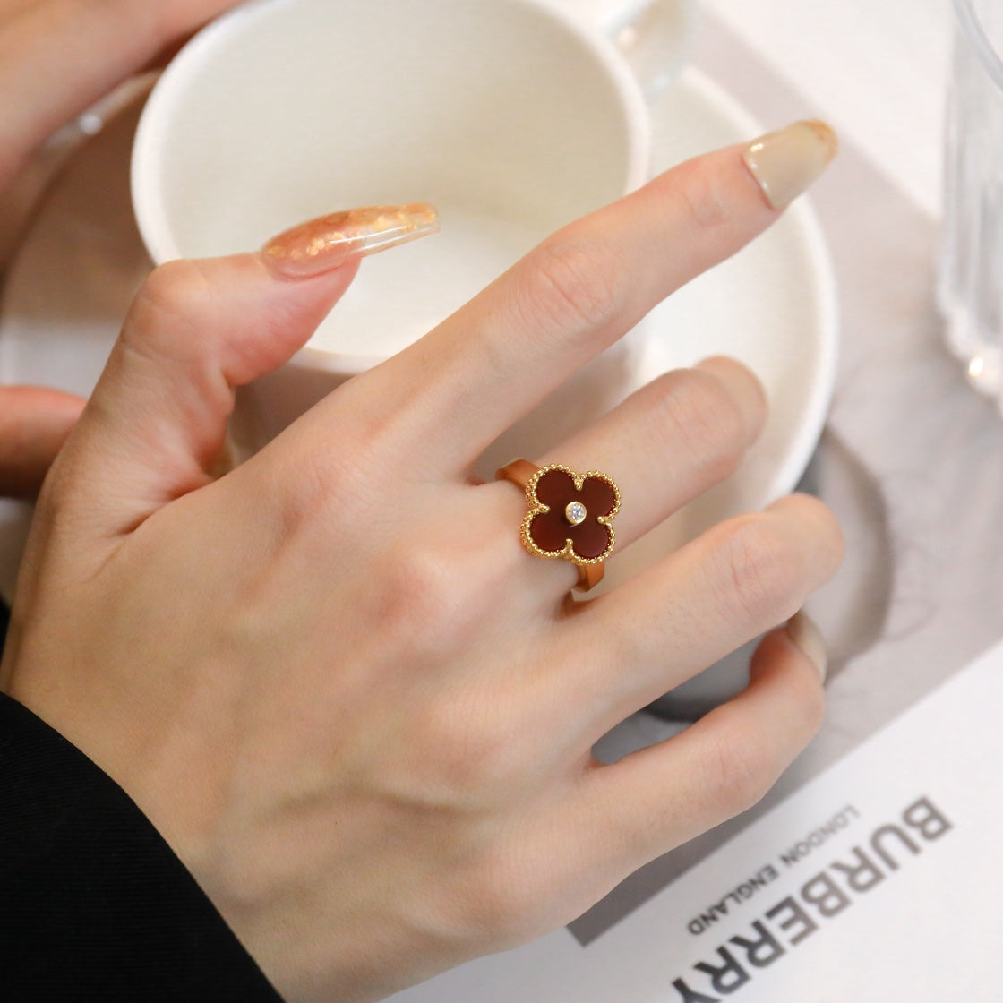 [CA]CLOVER CARNELIAN RING ROSE GOLD DIAMOND