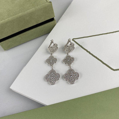 [CA]CLOVER 3 MOTIF DIAMOND SILVER DROP EARRINGS