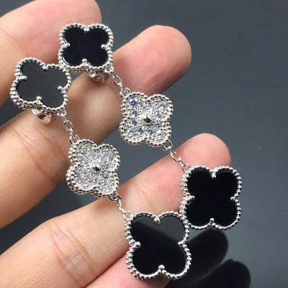 [CA]CLOVER 3 MOTIF DIAMOND ONYX SILVER EARRINGS