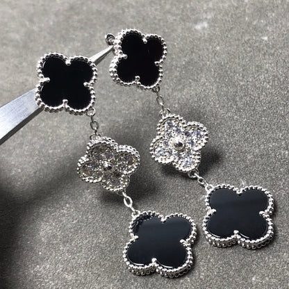 [CA]CLOVER 3 MOTIF DIAMOND ONYX SILVER EARRINGS