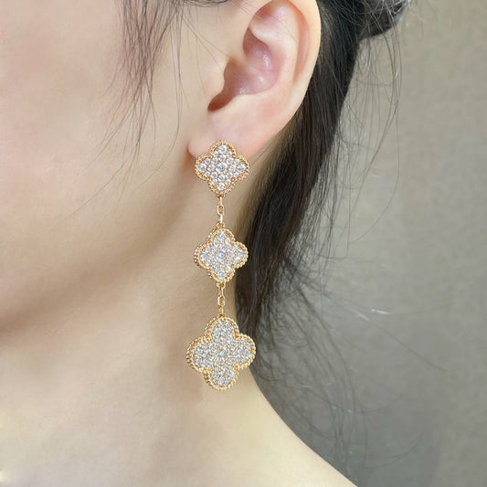 [CA]CLOVER 3 MOTIFS DIAMOND PAVED ROSE GOLD EARRINGS