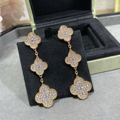 [CA]CLOVER 3 MOTIFS DIAMOND PAVED ROSE GOLD EARRINGS