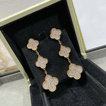 [CA]CLOVER 3 MOTIFS DIAMOND PAVED ROSE GOLD EARRINGS