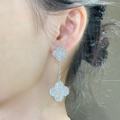 [CA]CLOVER 2 MOTIFS DIAMOND PAVED SILVER EARRINGS