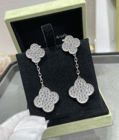 [CA]CLOVER 2 MOTIFS DIAMOND PAVED SILVER EARRINGS