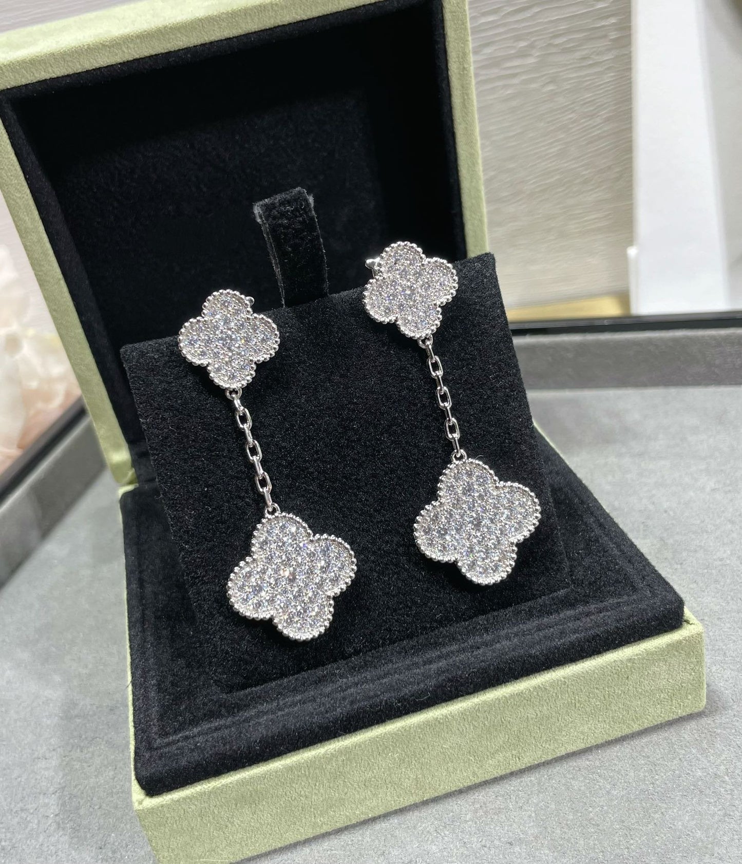 [CA]CLOVER 2 MOTIFS DIAMOND PAVED SILVER EARRINGS