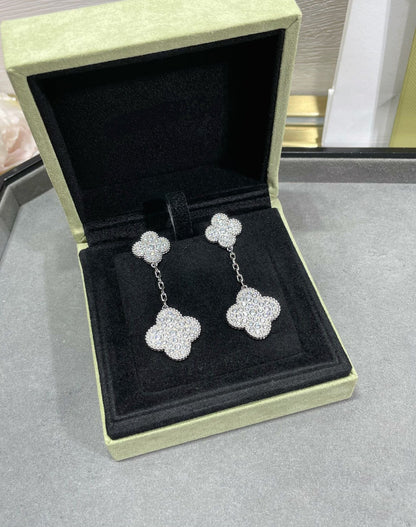 [CA]CLOVER 2 MOTIFS DIAMOND PAVED SILVER EARRINGS