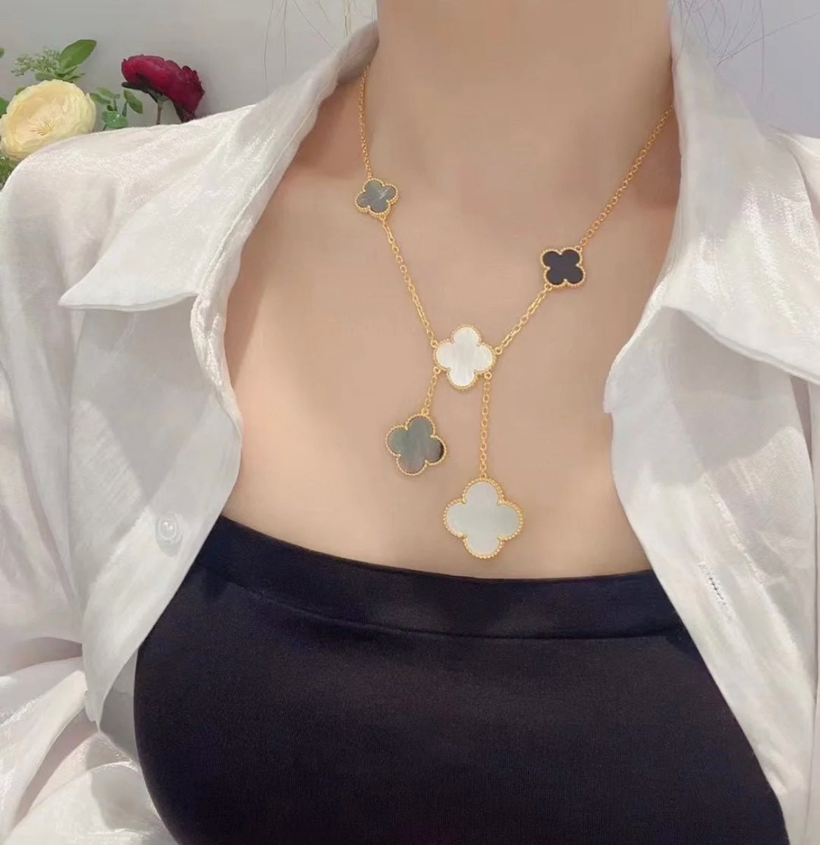 [CA]CLOVER 6 MOTIF MOP ONYX GOLD NECKLACE