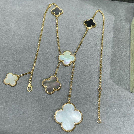 [CA]CLOVER 6 MOTIF MOP ONYX GOLD NECKLACE