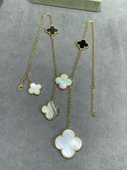 [CA]CLOVER 6 MOTIF MOP ONYX GOLD NECKLACE