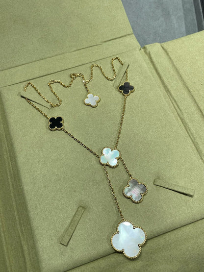 [CA]CLOVER 6 MOTIF MOP ONYX GOLD NECKLACE