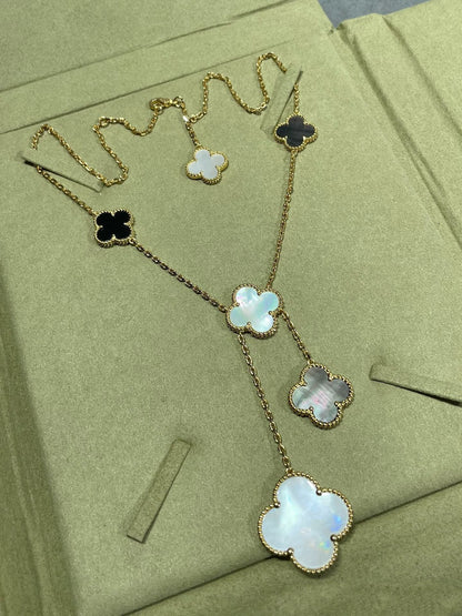 [CA]CLOVER 6 MOTIF MOP ONYX GOLD NECKLACE