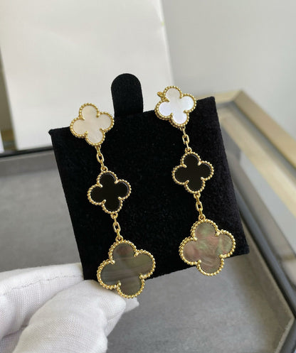 [CA]CLOVER 3 MOTIF MOP ONYX DARK MOP PINK GOLD EARRINGS