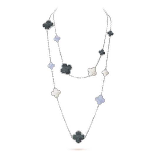 [CA]CLOVER 16 MOTIF CHALCEDONY MOP SILVER NECKLACE