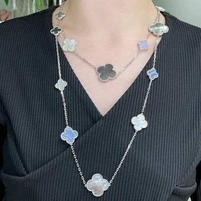 [CA]CLOVER 16 MOTIF CHALCEDONY MOP SILVER NECKLACE