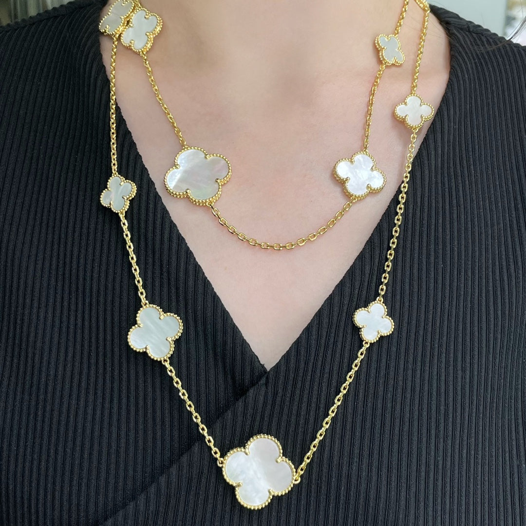 [CA]CLOVER 16 MOTIF WHITE MOP GOLD NECKLACE