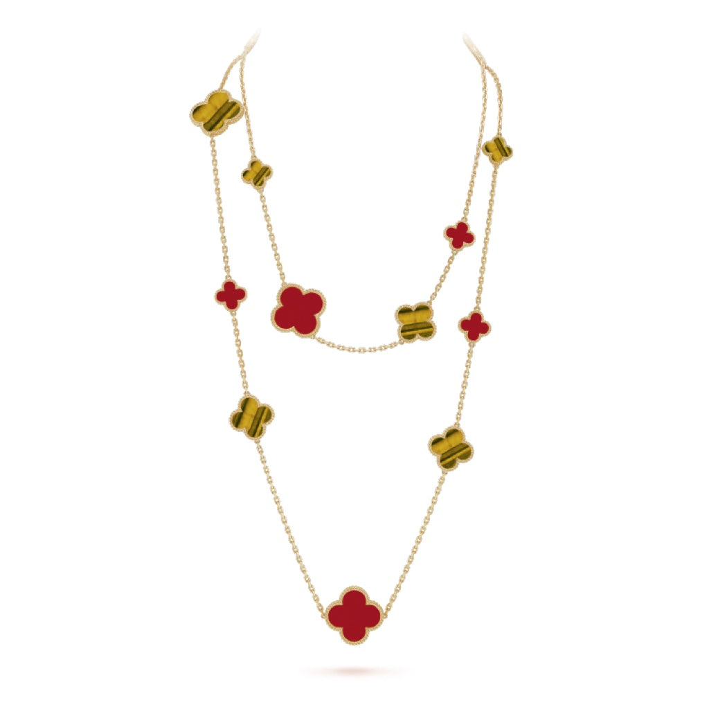 [CA]CLOVER 16 MOTIF CARNELIAN TIGER EYE ROSE GOLD NECKLACE