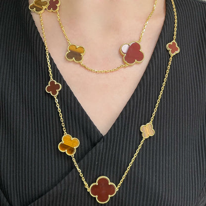 [CA]CLOVER 16 MOTIF CARNELIAN TIGER EYE ROSE GOLD NECKLACE