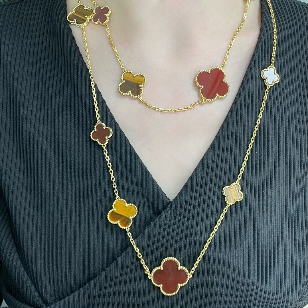 [CA]CLOVER 16 MOTIF CARNELIAN TIGER EYE ROSE GOLD NECKLACE