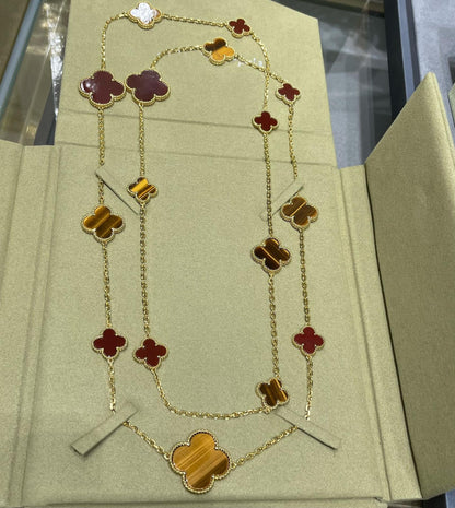 [CA]CLOVER 16 MOTIF CARNELIAN TIGER EYE ROSE GOLD NECKLACE