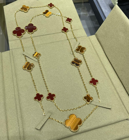 [CA]CLOVER 16 MOTIF CARNELIAN TIGER EYE ROSE GOLD NECKLACE