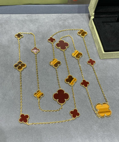 [CA]CLOVER 16 MOTIF CARNELIAN TIGER EYE ROSE GOLD NECKLACE