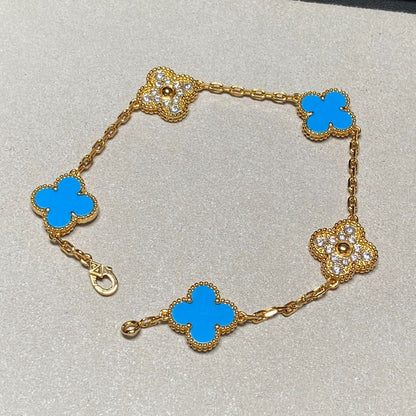 [CA]CLOVER 5 MOTIF BLUE CHALCEDONY DIAMOND GOLD BRACELET