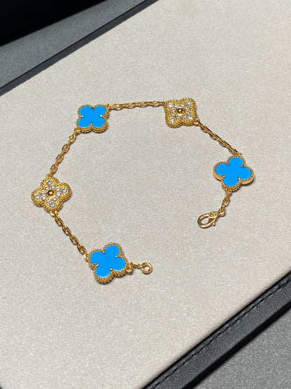 [CA]CLOVER 5 MOTIF BLUE CHALCEDONY DIAMOND GOLD BRACELET