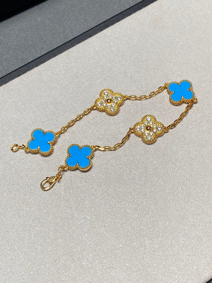 [CA]CLOVER 5 MOTIF BLUE CHALCEDONY DIAMOND GOLD BRACELET