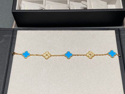 [CA]CLOVER 5 MOTIF BLUE CHALCEDONY DIAMOND GOLD BRACELET