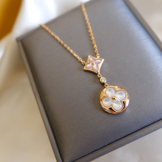 [CA]STAR AND SUN WHITE MOP 2 MOTIF PINK GOLD NECKLACE