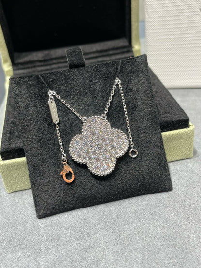 [CA]CLOVER 25MM LARGE PENDANT DIAMOND PAVED SILVER NECKLACE