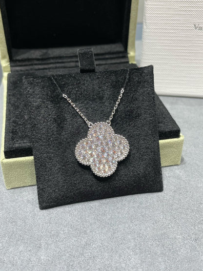 [CA]CLOVER 25MM LARGE PENDANT DIAMOND PAVED SILVER NECKLACE