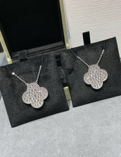 [CA]CLOVER 25MM LARGE PENDANT DIAMOND PAVED SILVER NECKLACE