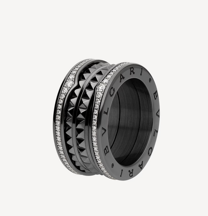 [CA]ZERO 1 ROCK FOUR-BAND BLACK CERAMIC WITH STUDDED SPIRAL AND PAVED DIAMONDS RING